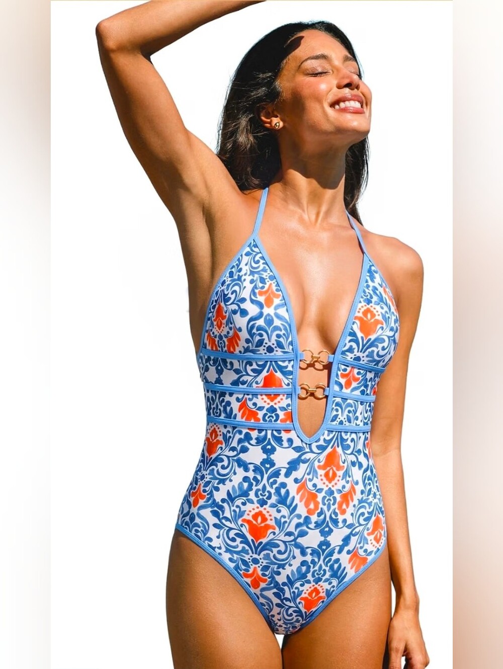 CUPSHE Women's One Piece Swimsuit Halter Plunging Neck Cutout Bathing Suit